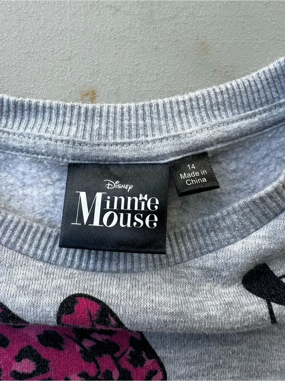 Disney Girls Gray Pullover Sweatshirt with Pink Leopard Minnie Print